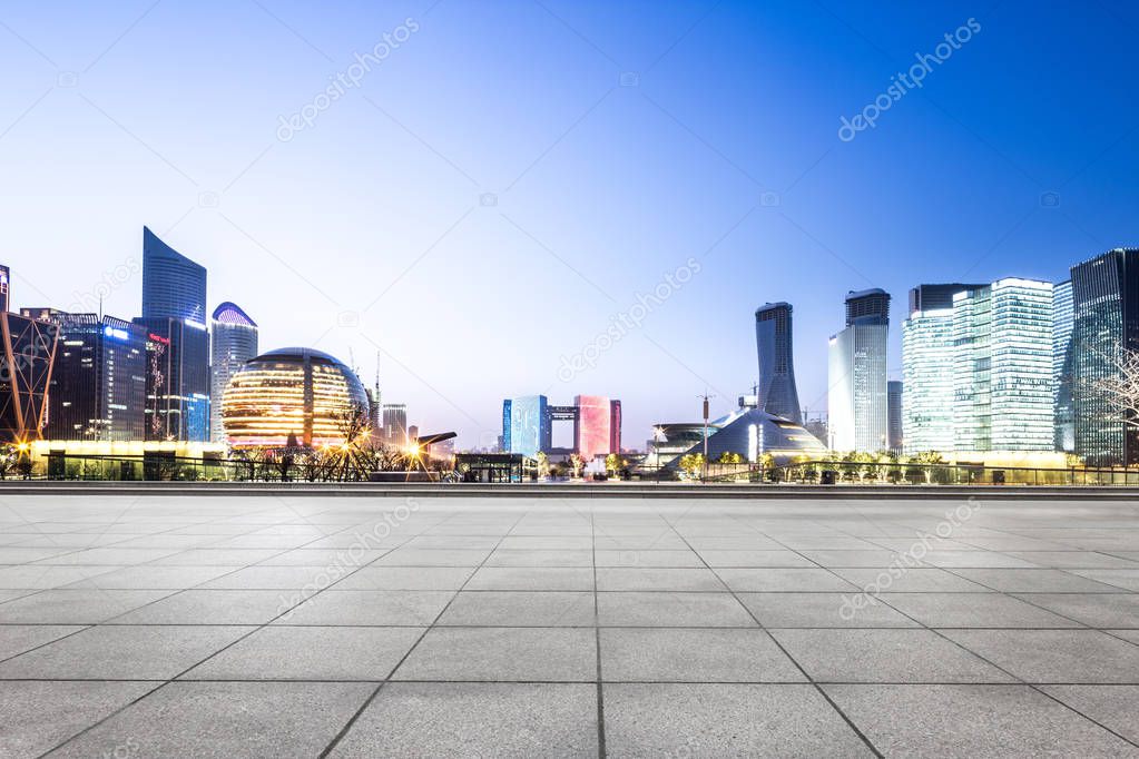 cityscape and skyline of Hangzhou from empty floor