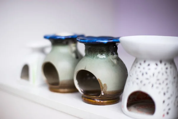 Elegant ceramic ware in yoga room — Stock Photo, Image