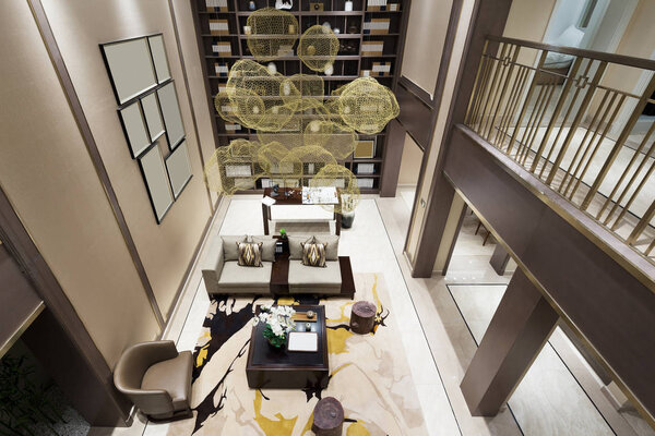 интерьер современной гостиной с кабинетом
