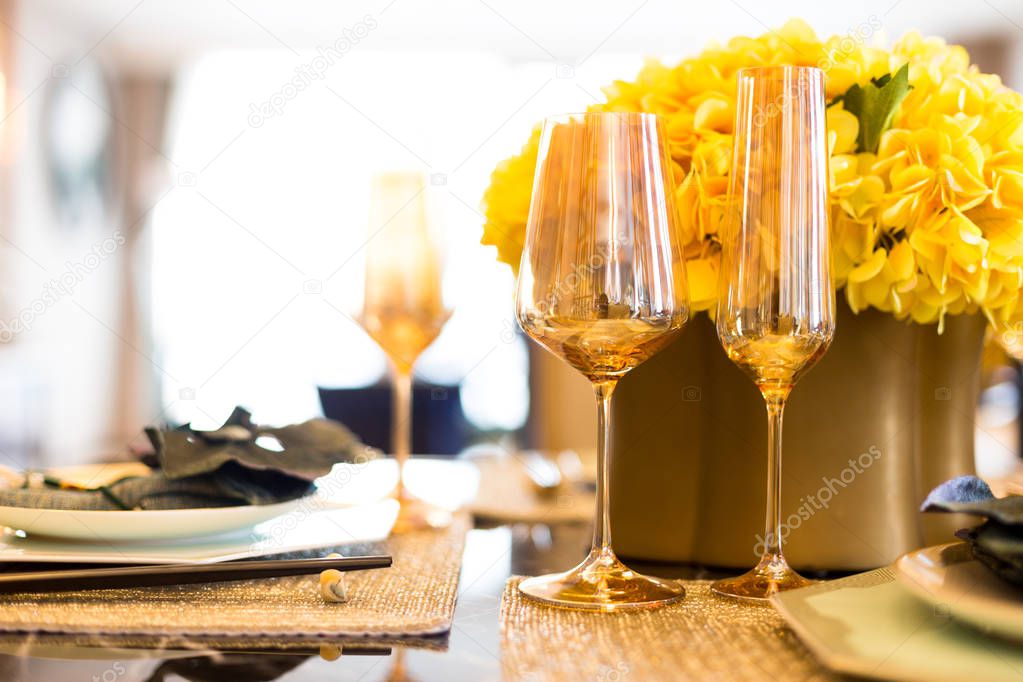 elegant crockery on dining table in dining room