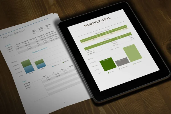 3D illustration tablett och business rapport på bord — Stockfoto