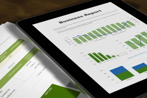 3d иллюстрации планшета и бизнес-отчет на таблице — стоковое фото