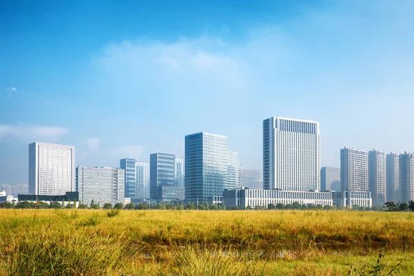 Paisaje urbano y horizonte de la ciudad moderna desde el prado —  Fotos de Stock