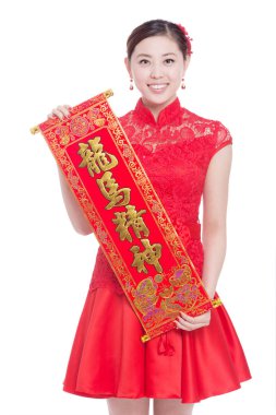 kadın kırmızı beyit Çin yeni yılı içinde tutar.