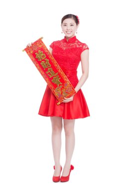 kadın kırmızı beyit Çin yeni yılı içinde tutar.