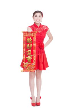 kadın kırmızı beyit Çin yeni yılı içinde tutar.