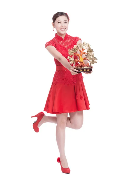 Vrouw houdt gelukkig boom in Chinees Nieuwjaar — Stockfoto