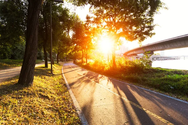 日の出ソウルの川の近くの道路上のトラフィック — ストック写真