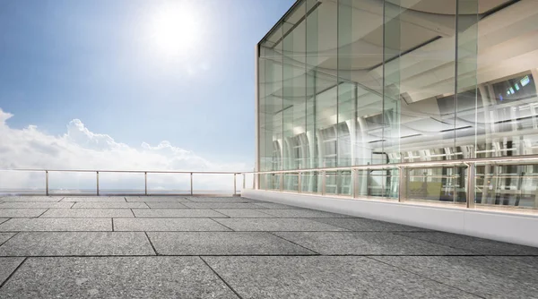 モダンな建物の前に空のタイル床 — ストック写真