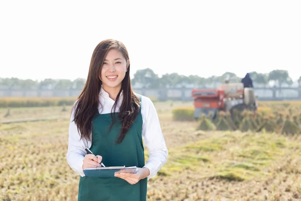 Mulher engenheiro agrícola no campo dos cereais — Fotografia de Stock