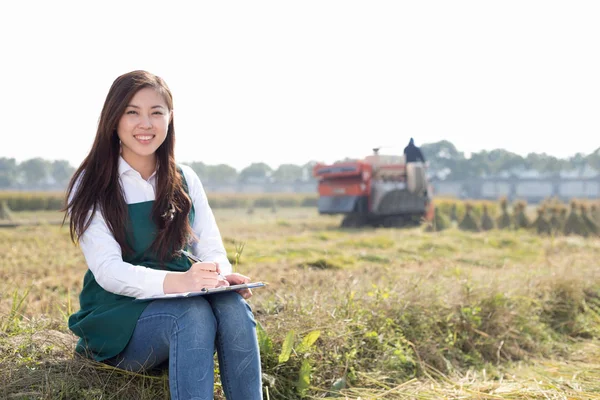 Mulher engenheiro agrícola no campo dos cereais — Fotografia de Stock