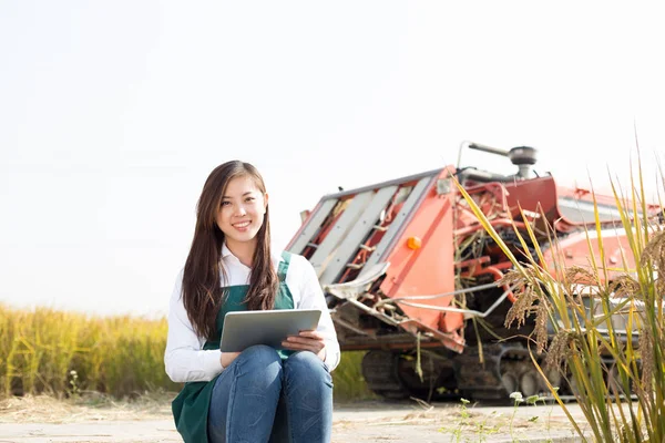 Agronomo donna in campo cerealicolo con mietitrice — Foto Stock