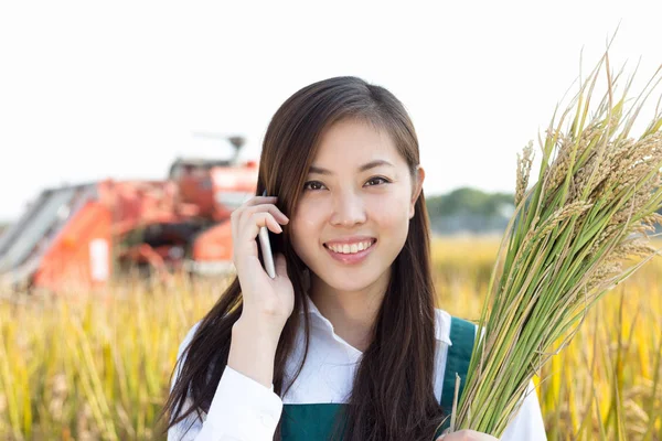 Mulher agrônomo no campo de cereais com colheitadeira — Fotografia de Stock