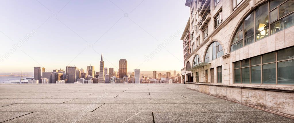 empty footpath and cityscape of modern city