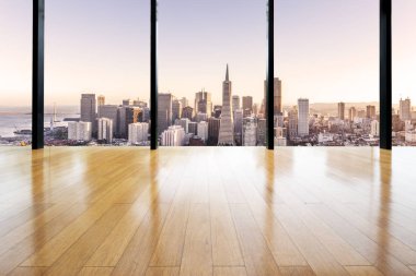 Şehir arka plan ile boş ahşap zemin