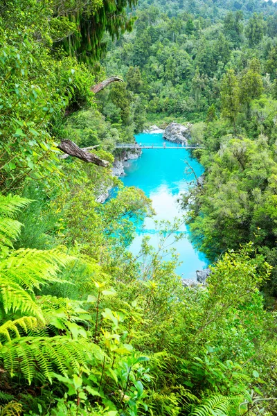 Blauwe vijver met bridge in het groene woud — Stockfoto