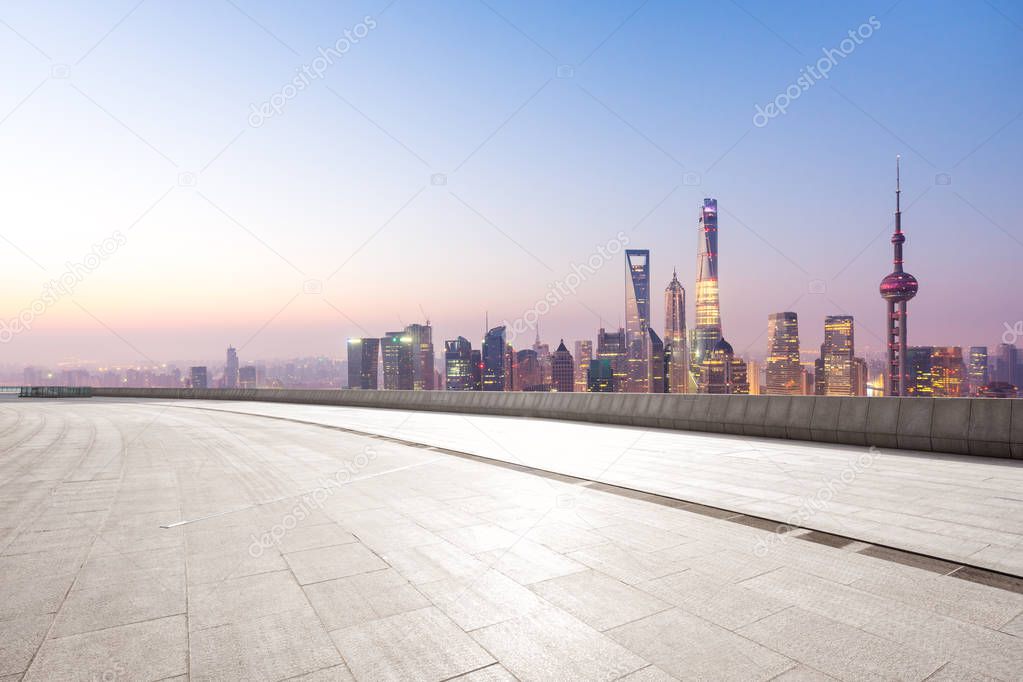 empty brick floor with cityscape of Shanghai 