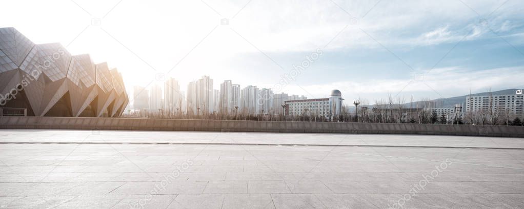empty floor with cityscape of modern city 