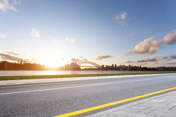 Landmark Sydney Bridge Sydney Opera House Empty Road Sunrise — Stock Photo, Image