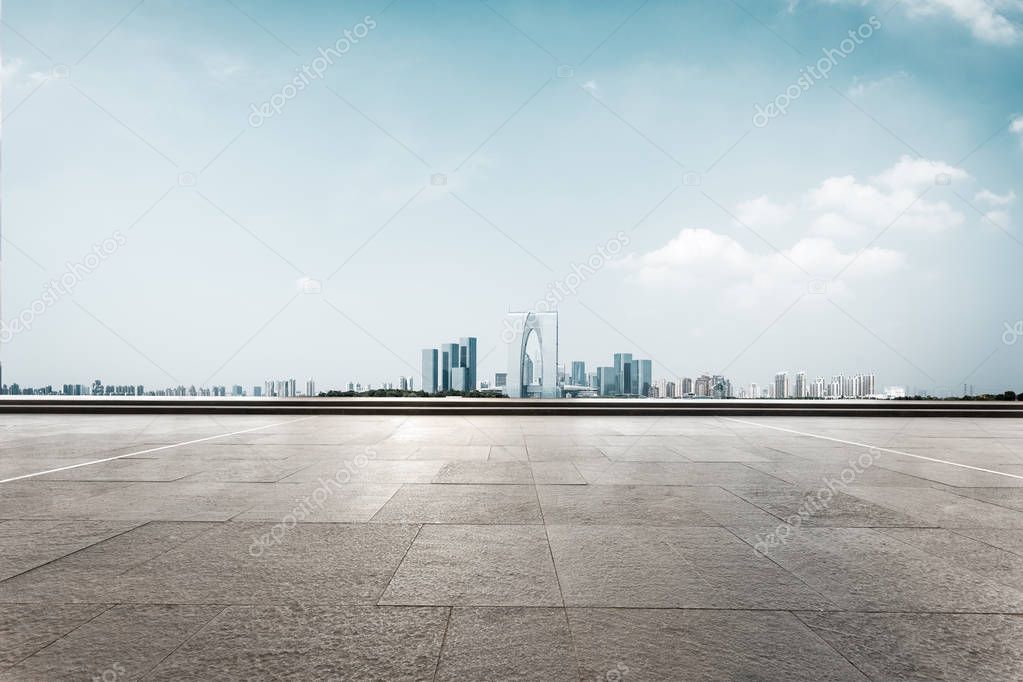cityscape of Suzhou from empty brick floor