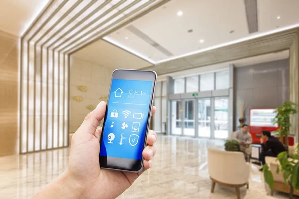 Mobile Phone App Smart Home Spacious Hall Modern Office Building — Stock Photo, Image