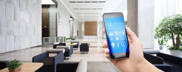 Mobile Phone App Smart Home Spacious Hall Modern Office Building — Stock Photo, Image