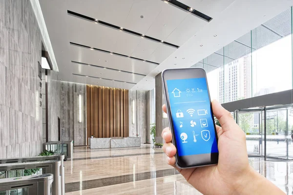 Mobile Phone App Smart Home Spacious Hall Modern Office Building — Stock Photo, Image