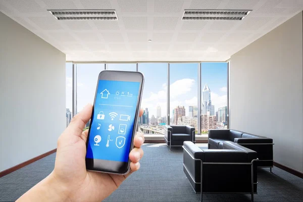 Mobile Phone App Smart Home Modern Lobby — Stock Photo, Image