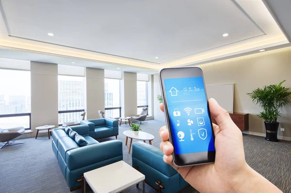 Mobile Phone Smart Home Apps Modern Living Room — Stock Photo, Image