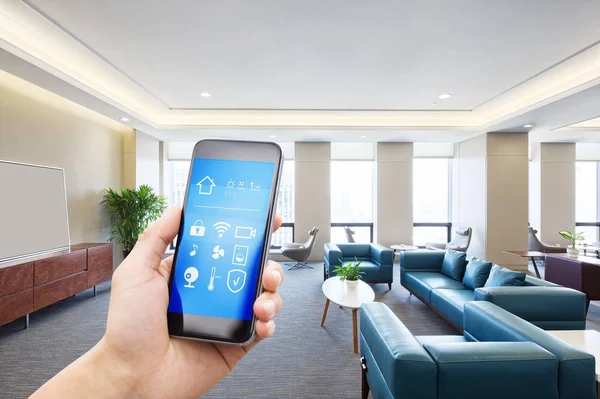 Mobile Phone Smart Home Apps Modern Living Room — Stock Photo, Image