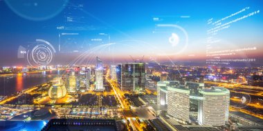Hangzhou Qiangjiang yeni şehir içinde belgili tanımlık gelecek üzerinde soyut iletişim teknolojisi