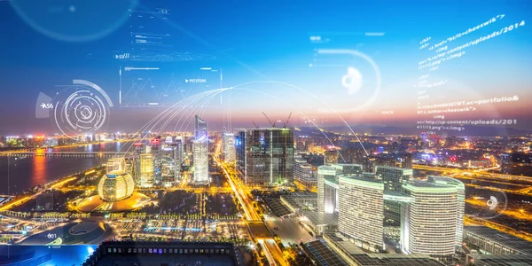 Abstrakta Kommunikationsteknik Över Hangzhou Qiangjiang New City Framtiden — Stockfoto
