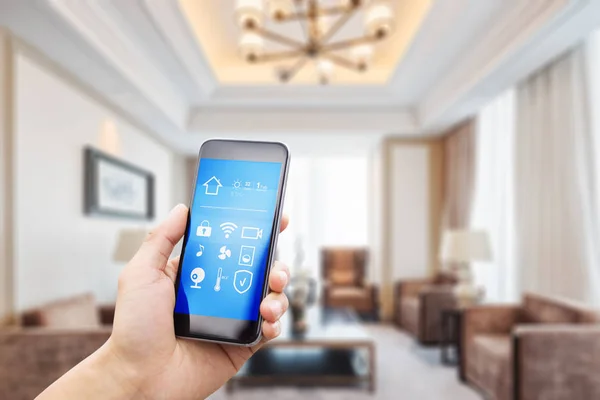 Mobile phone with living room in smart home — Stock Photo, Image