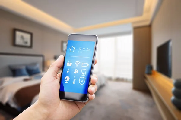 Mobile phone with luxury bedroom in smart home — Stock Photo, Image
