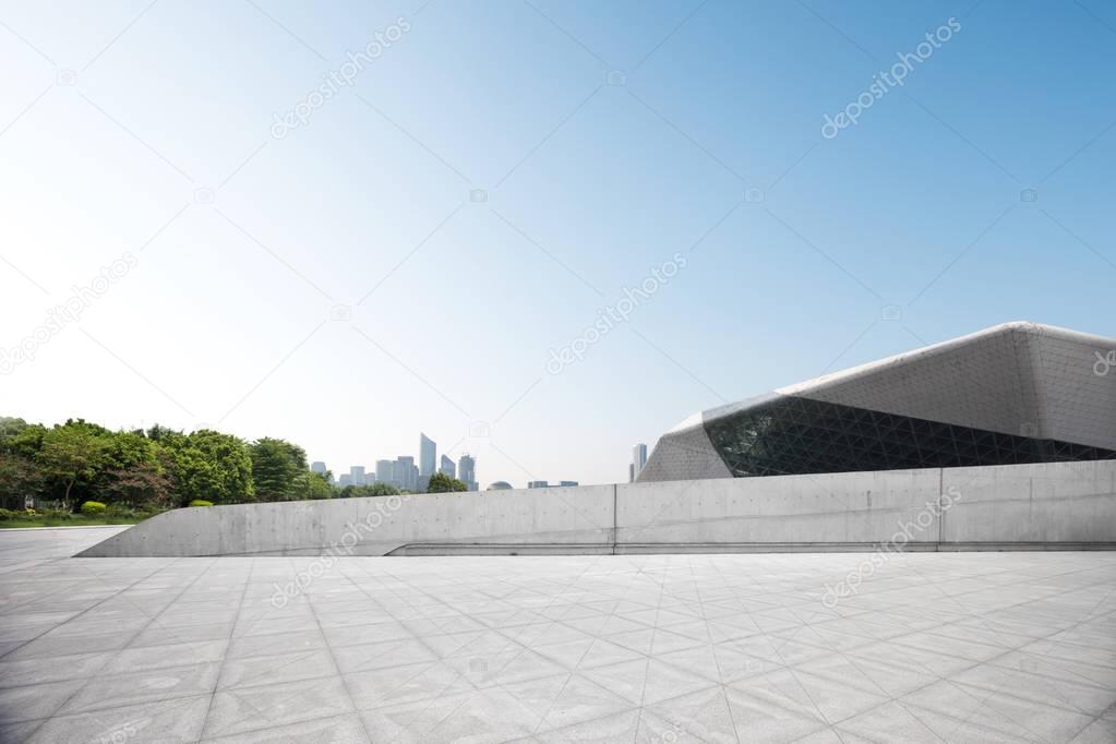 empty marble floor with cityscape 