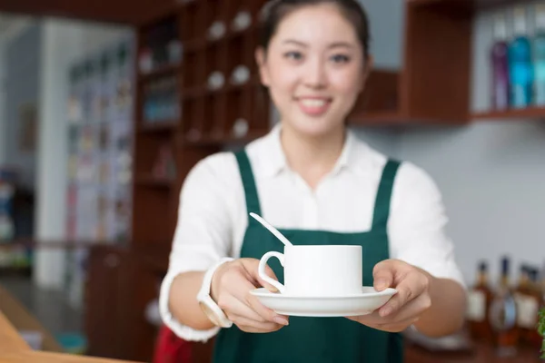 Молода красива жінка працює в кафе — стокове фото