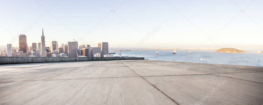 empty marble floor with cityscape of San Francisco