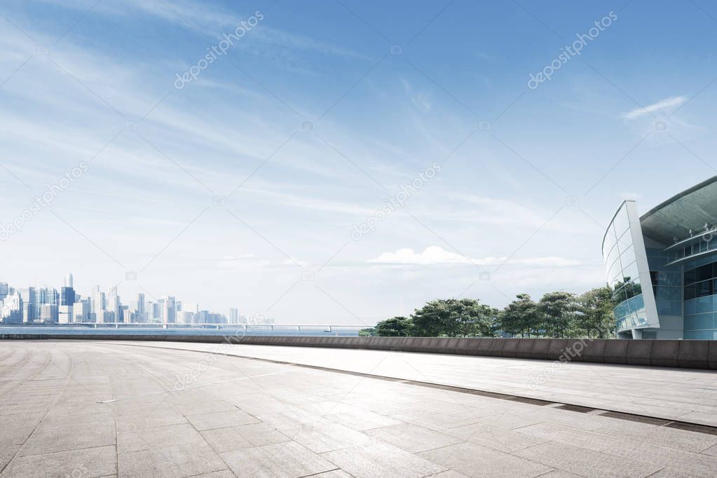 empty marble floor and cityscape of Hangzhou