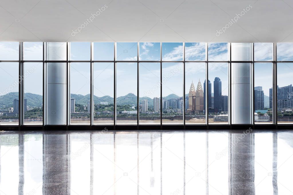 cityscape of modern city from window