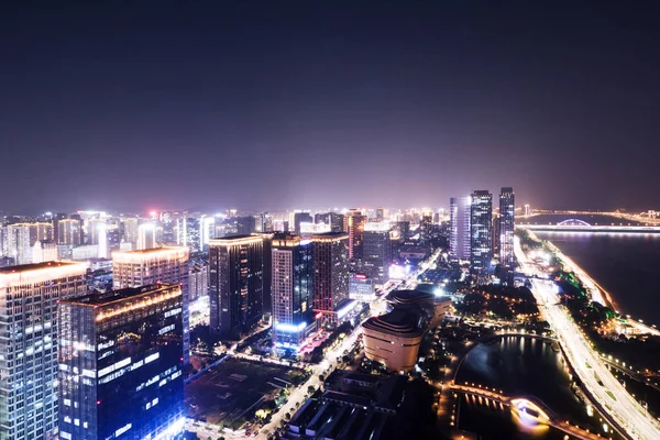 Nachtscène Van Midtown Van Hangzhou Van Hoge Hoekmening — Stockfoto