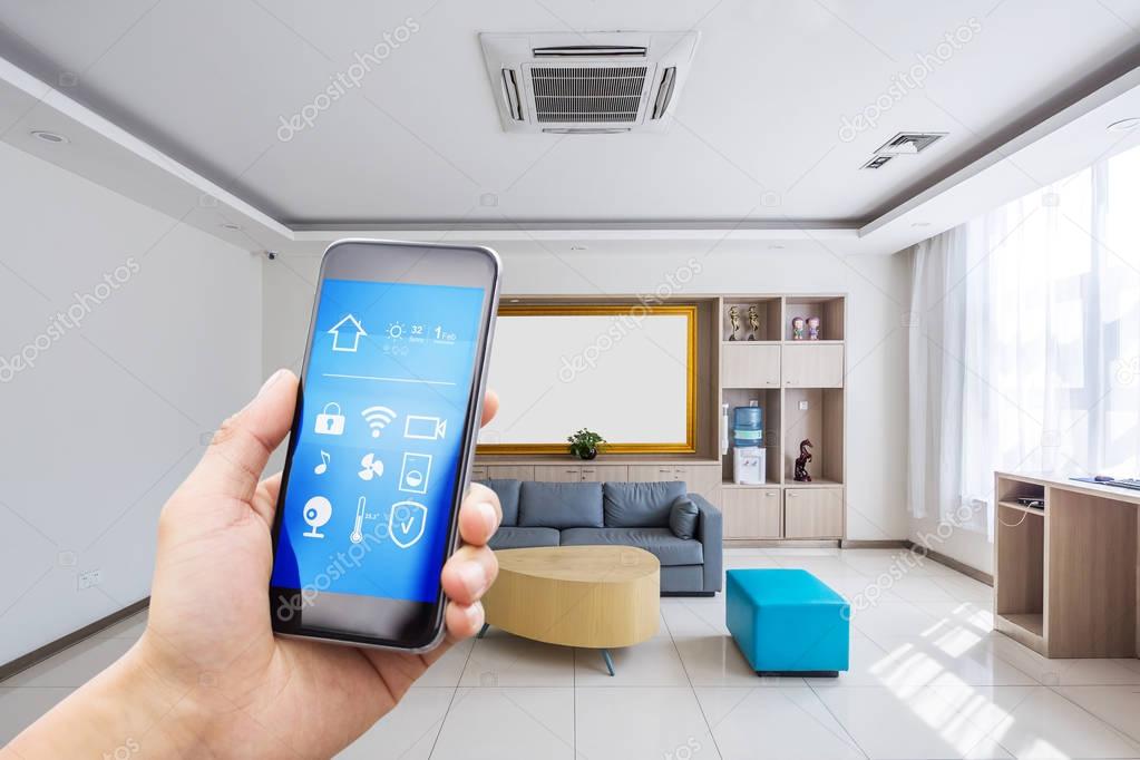 smartphone with smart home and modern living room