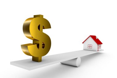 ev ve para birimi işareti Doları 3D çizim dengesi