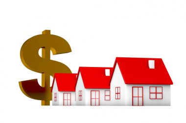 3D çizim evleri ve para birimi dolar beyaz arka plan üzerinde oturum