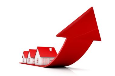 3D çizim ev ve beyaz arka plan üzerinde büyüyen kırmızı ok