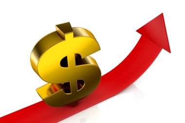 3D çizim para birimi işaret Doları ve yukarı kırmızı ok