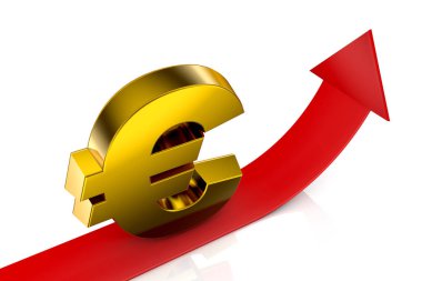 3D çizim para birimi işaret euro ve yukarı kırmızı ok
