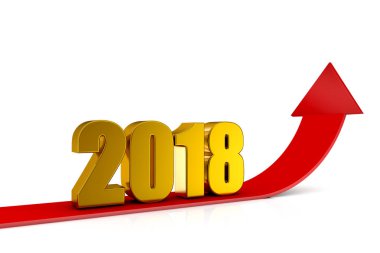 3D resimde yeni yıl 2018 ve beyaz arka plan üzerinde büyüyen kırmızı ok