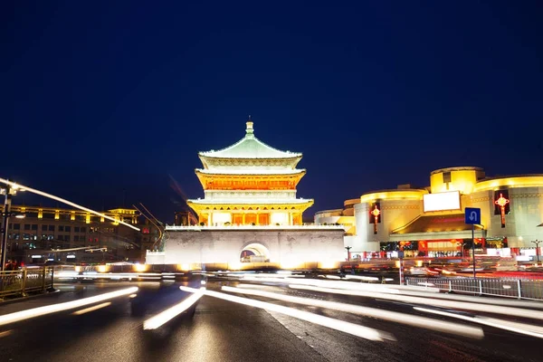 night scene of busy traffic on road near Zhonglou in Xi'an