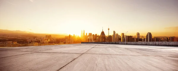 empty marble floor with modern cityscape