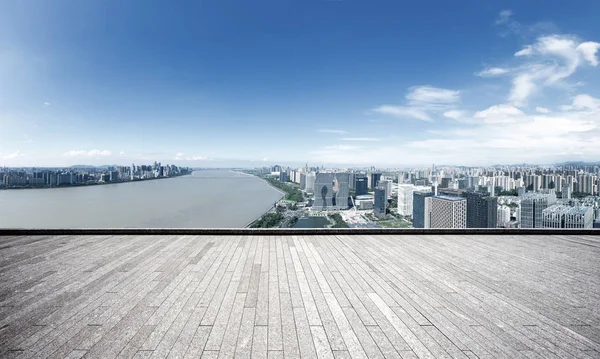 Empty Brick Floor Cityscape Hangzhou Blue Cloud Sky — Stock Photo, Image